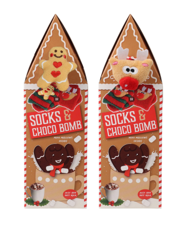 Dulciuri si Gourmet - Set cadou Socks & Chocobomb House cu bombă de ciocolată cu bezele și șosete (40g)