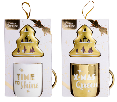 Dulciuri si Delicatese - Set cadou Time to Shine – cană decorativă și 3 caramele moi cu ciocolată cu lapte, 39g