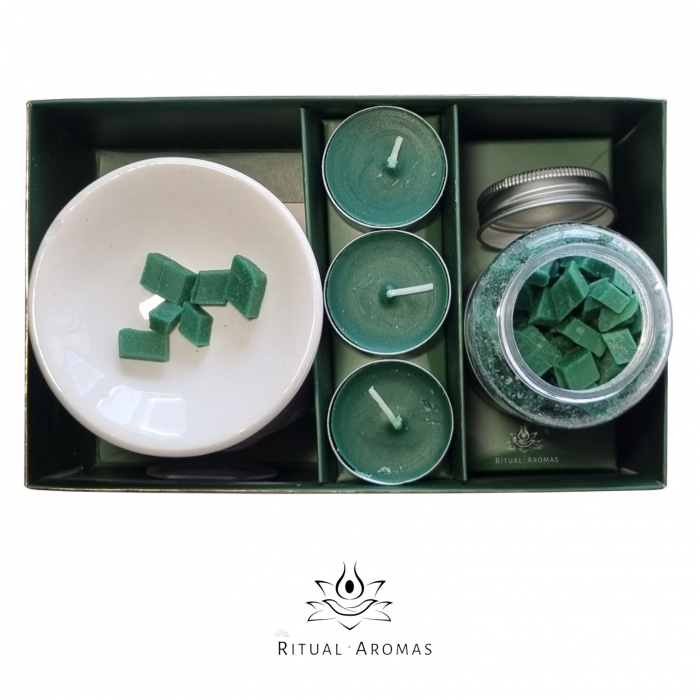 Set ceară parfumată, lumânări, suport, verde - Vâsc & Brad [1]