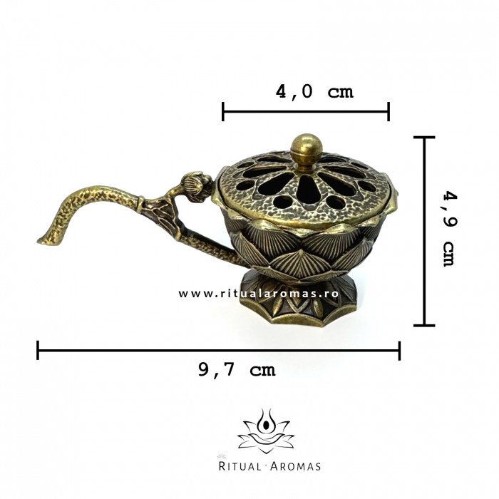 Suport ardere tămâie, cu mâner, LOTUS - bronz + carbuni cadou [3]