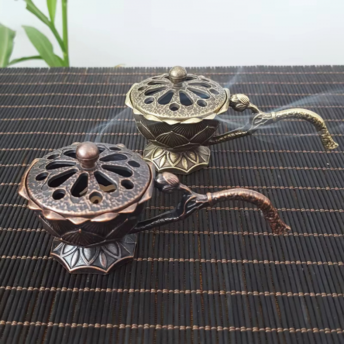 Suport ardere tămâie, cu mâner, LOTUS - bronz + carbuni cadou [4]