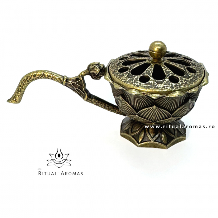 Suport ardere tămâie, cu mâner, LOTUS - bronz + carbuni cadou [2]