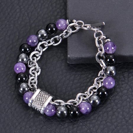 Cristaloterapie - Brățară unisex - Ametist, Hematit, Obsidian - purple
