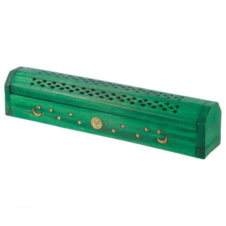 Accesorii pentru bețișoare și conuri - Cutie din lemn de mango - suport bețisoare și conuri - Soarele și Luna - verde