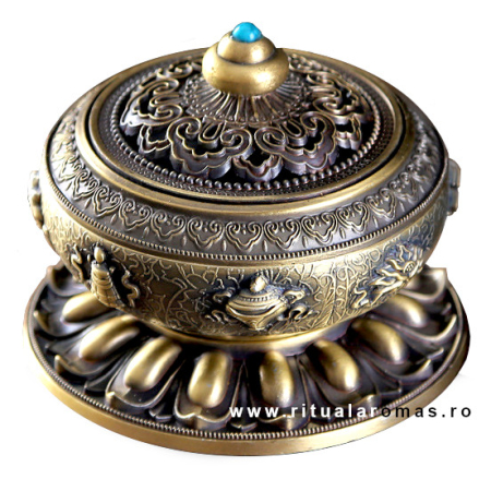 Accesorii Fumigație - Suport ardere tămâie, Bakhoor, ierburi parfumate - motive tibetane - bronz