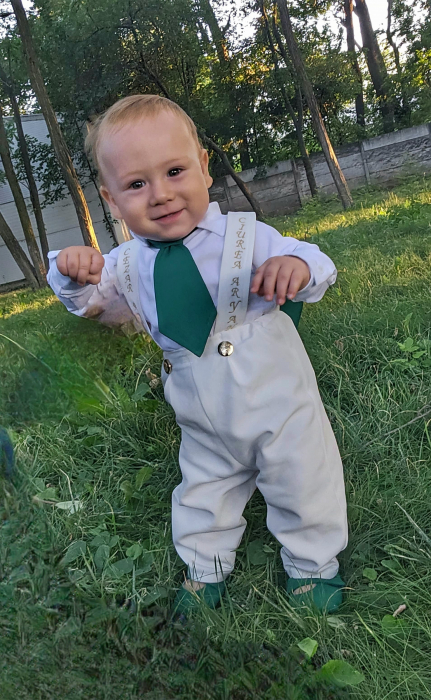 Costum Botez Stofa Verde cu Alb sacou si aripi [11]