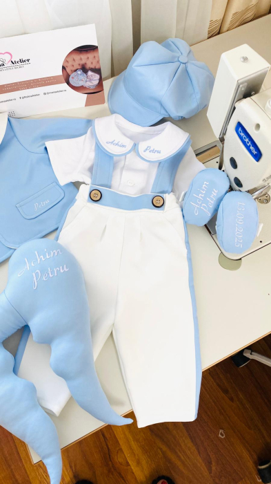 Costumas Botez Achim stofita bleu si alb cu aripi personalizate [2]