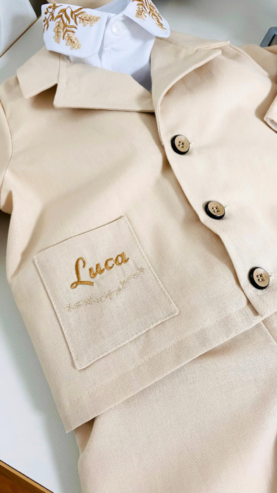 Costumas Botez Bej cu sacou brodat frunze de maslin [8]