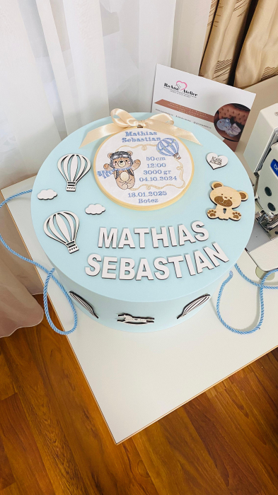 Cutie Trusou Bleu Ursulet cu balon si datele nasterii brodate [2]