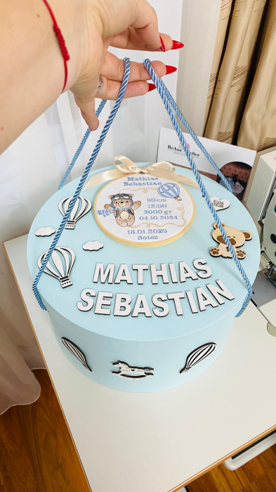 Cutie Trusou Bleu Ursulet cu balon si datele nasterii brodate [3]