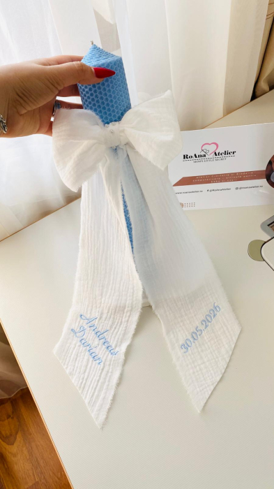 Lumanare Botez Baby Blue funda muselina alba [2]