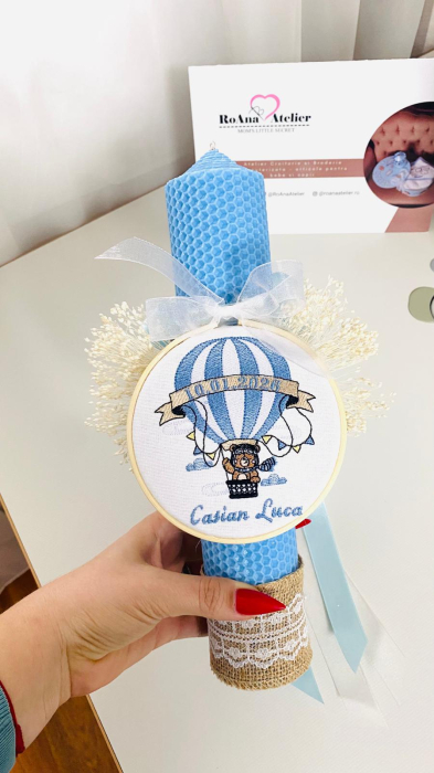 Lumanare Botez Bleu cu gherghef brodat Ursulet [1]