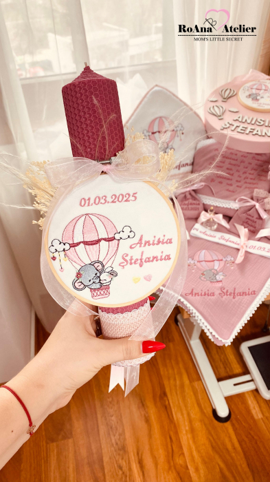 Lumanare Botez roz cu gherghef Balon aer cald [2]