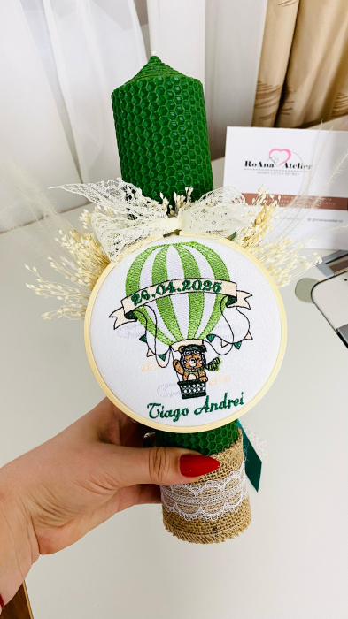 Lumanare Botez verde cu gherghef brodat Ursulet [1]