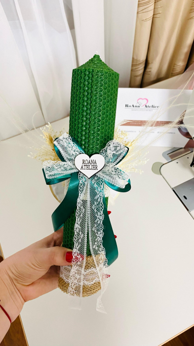 Lumanare Botez verde cu gherghef brodat Ursulet [2]