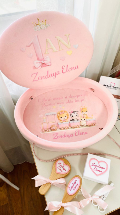 Set Tavita Mot Cu Capac Catifea Roz Trenulet Safari personalizata [2]