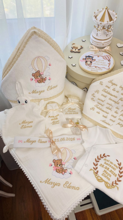 Trusou Botez Muselina Alba Ursulet cu balon auriu [3]