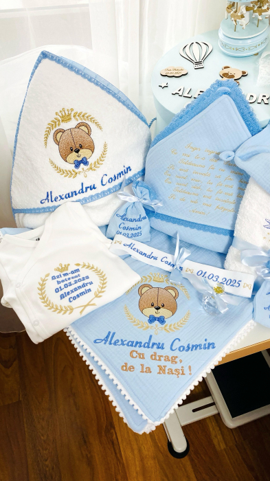 Trusou Botez Muselina Bleu Ursulet cu coronita [3]