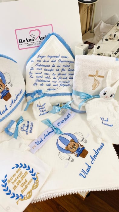 Trusou Botez Muselina Ursulet in balon aer cald albastru [2]