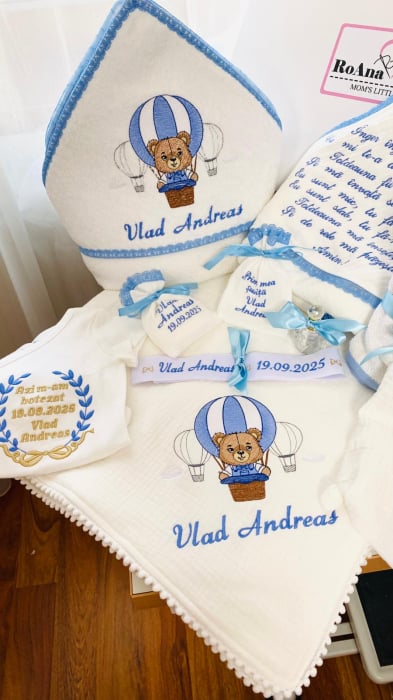 Trusou Botez Muselina Ursulet in balon aer cald albastru [3]