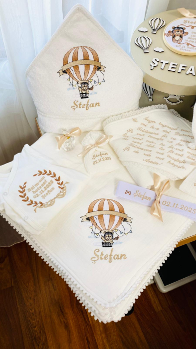 Trusou Botez Muselina Ursulet in balon aer cald bej [9]