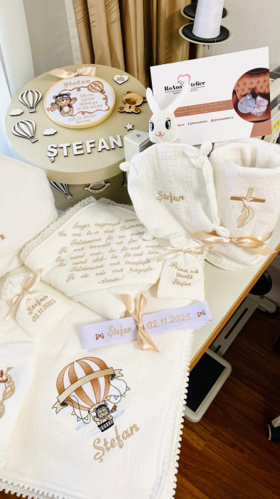 Trusou Botez Muselina Ursulet in balon aer cald bej [8]