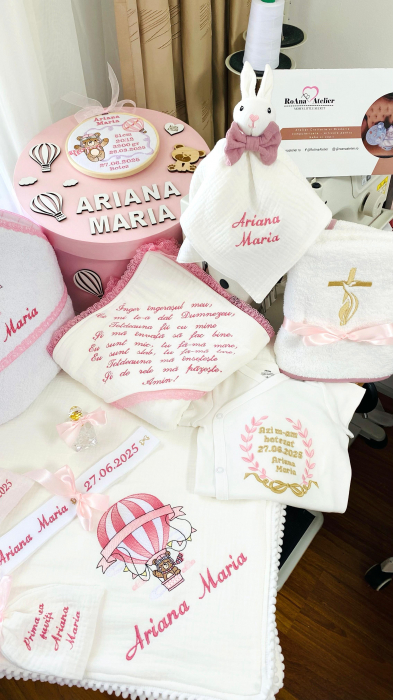 Trusou Botez Muselina Ursulet in balon aer cald roz [3]