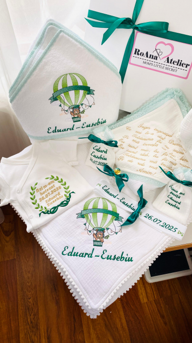 Trusou Botez Muselina Ursulet in balon aer cald verde [5]