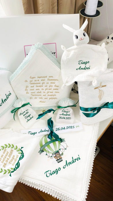 Trusou Botez Muselina Ursulet in balon aer cald verde [3]