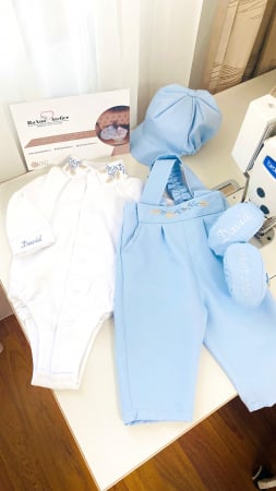 Costumase Bumbac - Costumas Botez Bleu brodat frunze de maslin