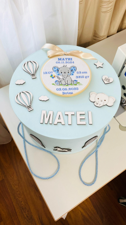 Cutii Trusou Botez - Cutie Trusou Bleu Elefantel cu datele nasterii brodate