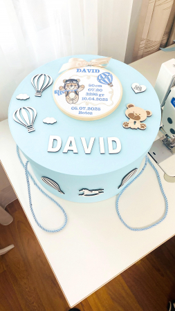 Cutii Trusou Botez - Cutie Trusou Bleu Ursulet cu balon si datele nasterii brodate