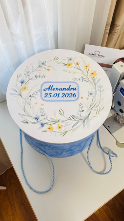 Cutii Trusou Botez - Cutie Trusou Catifea Albastra frame floral personalizata