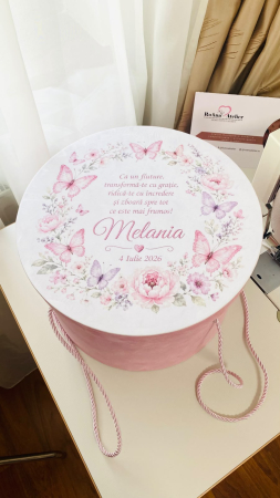 Cutii Trusou Botez - Cutie Trusou Catifea Roz Fluturasi Mesaj Personalizat