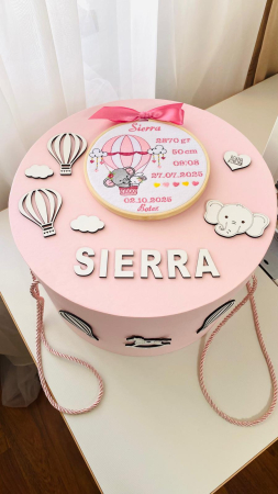 Cutii Trusou Botez - Cutie Trusou Roz Elefantel Balon Aer Cald cu datele nasterii brodate