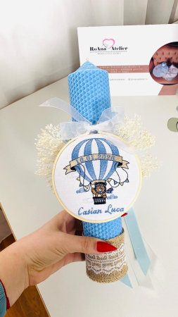 Lumanare Botez Bleu cu gherghef brodat Ursulet