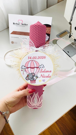 Lumanare Botez roz cu gherghef Balon aer cald