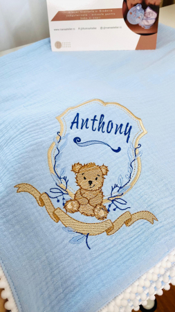 Paturica bebe muselina bleu Ursulet personalizata cu nume [1]