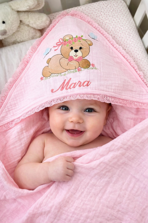 Cadouri Bebe - Pled cu capison muselina roz Ursulica