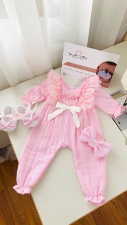 Fetite - Set Nou Nascut Salopeta Muselina Roz