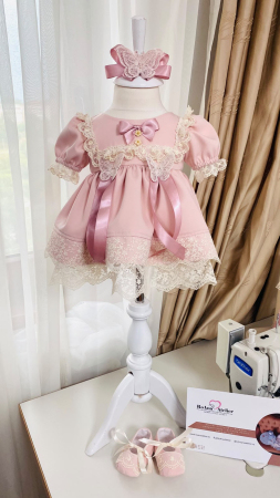 Rochii - Set Rochita de Botez Rosalie Roz Pudrat