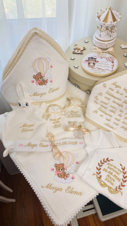 Trusou Botez Muselina Alba Ursulet cu balon auriu [2]