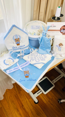 Trusouri Botez Catifea - Trusou Botez Ursulet Baloane aer cald albastru in cutie