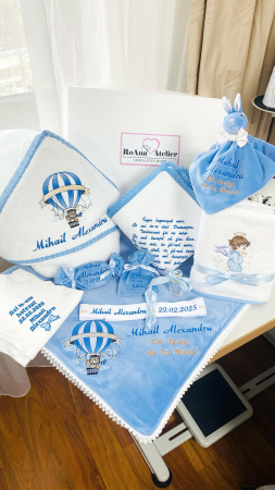 Trusouri Botez Catifea - Trusou Botez Ursulet in Balon cu aer cald albastru