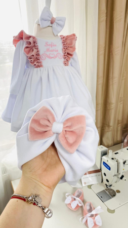 Turban bebe alb cu fundita roz prafuit [1]