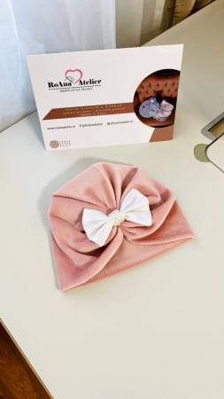 Turban bebe catifea roz prafuit fundita alba