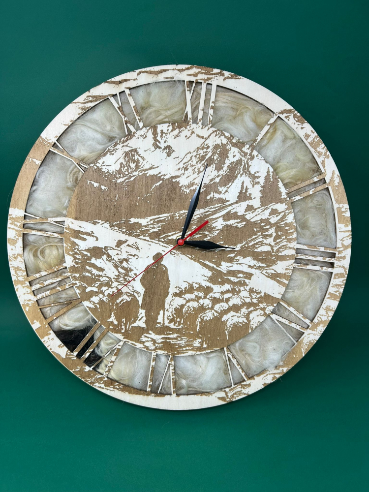 Ceas de perete rustic cu lână naturală de oaie – Artizanat [1]