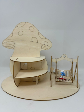 Produse debitate la laser - Căsuță Ciupercuță din Lemn pentru Ștrumfi – 40 cm, 3 Niveluri