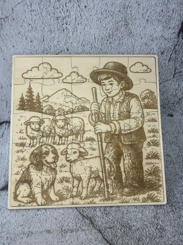 Micii Artizani - Puzzle din lemn cu gravură artistică – Păstor și animale