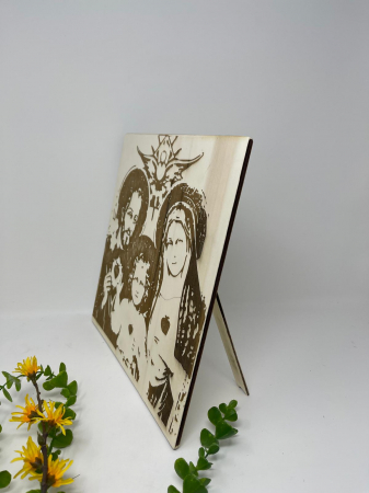 Tablou religios cu familia creștină din lemn gravat față-verso [1]